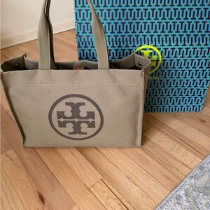 Tory Burch Olive Canvas Tote with Leather Accents
